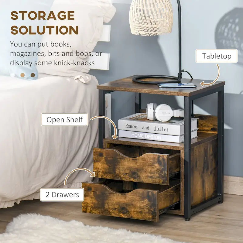 Industrial Side Table with 2 Drawers, Small End Table with Storage Shelf, Accent Sofa Table with Groove Handle and Metal Frame