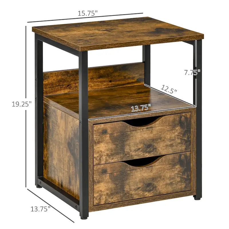 Industrial Side Table with 2 Drawers, Small End Table with Storage Shelf, Accent Sofa Table with Groove Handle and Metal Frame