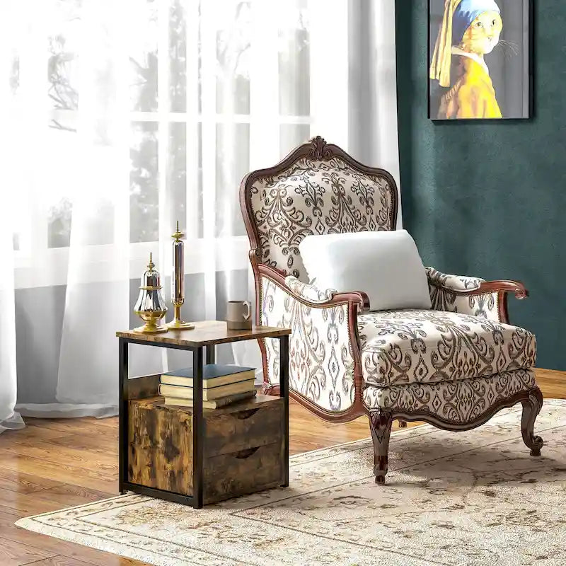 Industrial Side Table with 2 Drawers, Small End Table with Storage Shelf, Accent Sofa Table with Groove Handle and Metal Frame