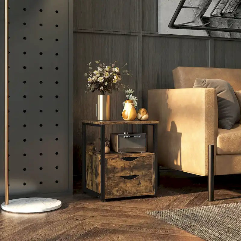 Industrial Side Table with 2 Drawers, Small End Table with Storage Shelf, Accent Sofa Table with Groove Handle and Metal Frame