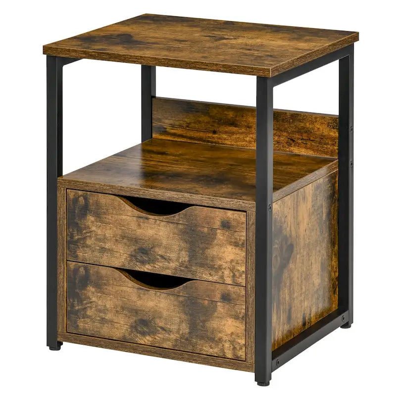 Industrial Side Table with 2 Drawers, Small End Table with Storage Shelf, Accent Sofa Table with Groove Handle and Metal Frame