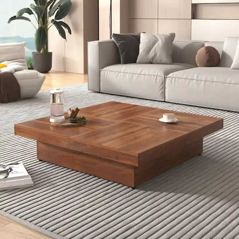 Square Marble Veneer Coffee Table Sliding Top with Storage in Walnut 39.4