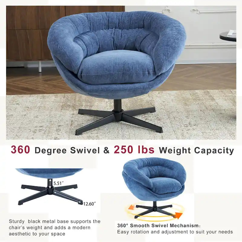 Chenille Upholstered 360 Swivel Club Chair/Accent Chair with Removable Cushion, Round Office Chair with Black Metal Base