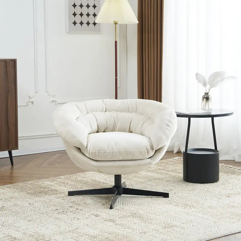 Chenille Upholstered 360 Swivel Club Chair/Accent Chair with Removable Cushion, Round Office Chair with Black Metal Base
