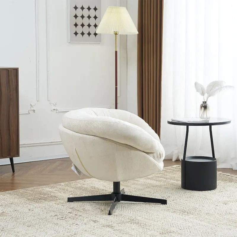 Chenille Upholstered 360 Swivel Club Chair/Accent Chair with Removable Cushion, Round Office Chair with Black Metal Base