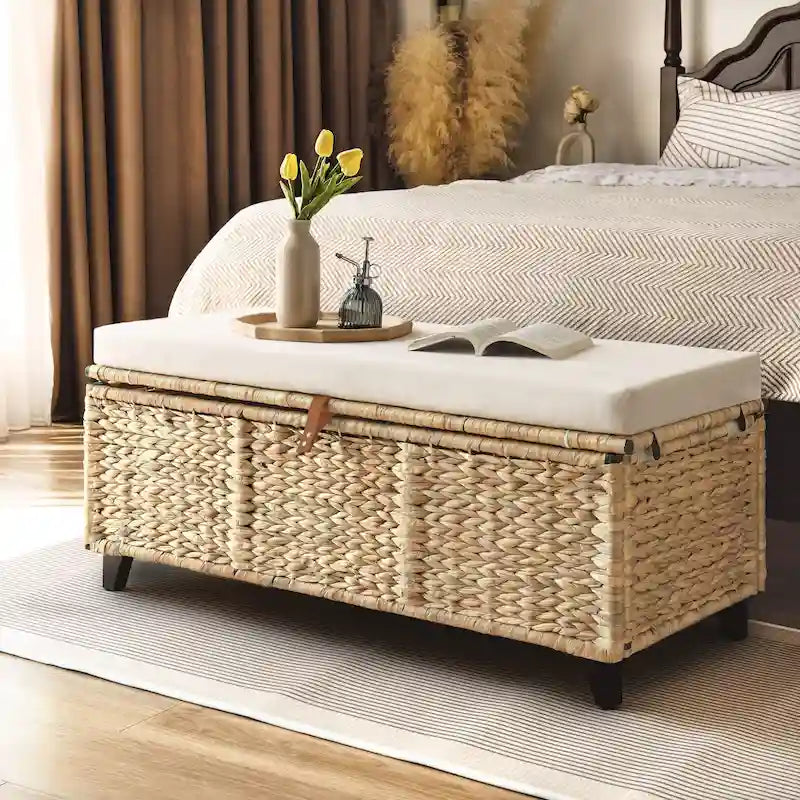 Wicker Storage Bench with Cushion for Bedroom, Living Room, Porch - 18.5 H X 43.3 W X 18.5 D