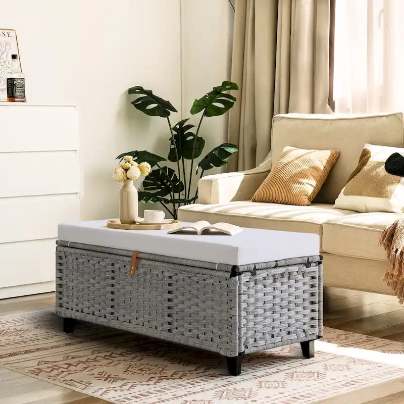Wicker Storage Bench with Cushion for Bedroom, Living Room, Porch - 18.5 H X 43.3 W X 18.5 D