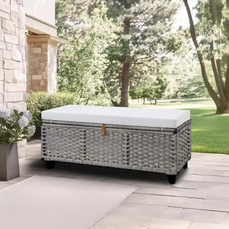 Wicker Storage Bench with Cushion for Bedroom, Living Room, Porch - 18.5 H X 43.3 W X 18.5 D
