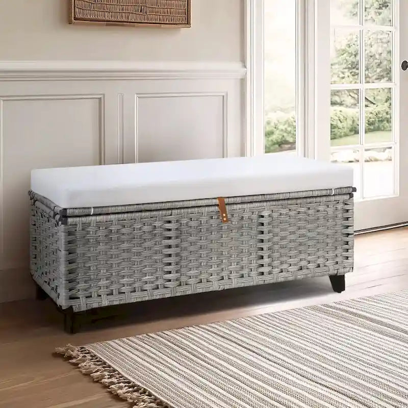 Wicker Storage Bench with Cushion for Bedroom, Living Room, Porch - 18.5 H X 43.3 W X 18.5 D