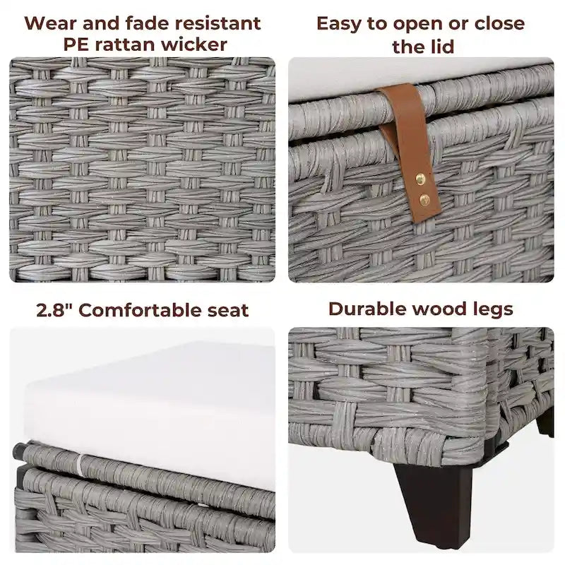 Wicker Storage Bench with Cushion for Bedroom, Living Room, Porch - 18.5 H X 43.3 W X 18.5 D