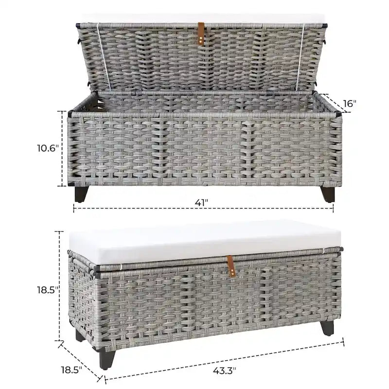 Wicker Storage Bench with Cushion for Bedroom, Living Room, Porch - 18.5 H X 43.3 W X 18.5 D