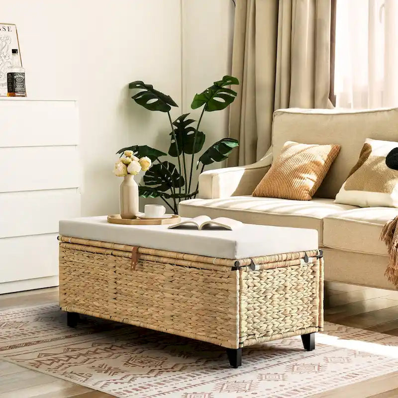 Wicker Storage Bench with Cushion for Bedroom, Living Room, Porch - 18.5 H X 43.3 W X 18.5 D