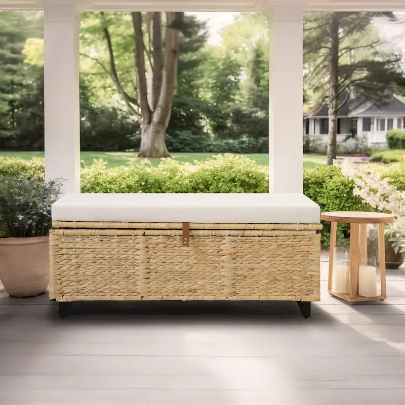 Wicker Storage Bench with Cushion for Bedroom, Living Room, Porch - 18.5 H X 43.3 W X 18.5 D