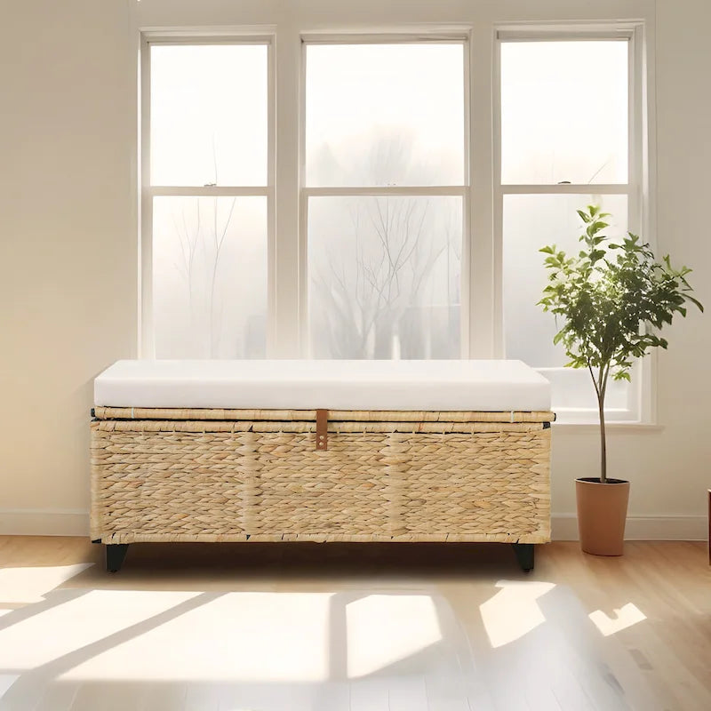 Wicker Storage Bench with Cushion for Bedroom, Living Room, Porch - 18.5 H X 43.3 W X 18.5 D