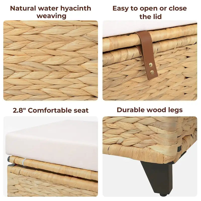 Wicker Storage Bench with Cushion for Bedroom, Living Room, Porch - 18.5 H X 43.3 W X 18.5 D