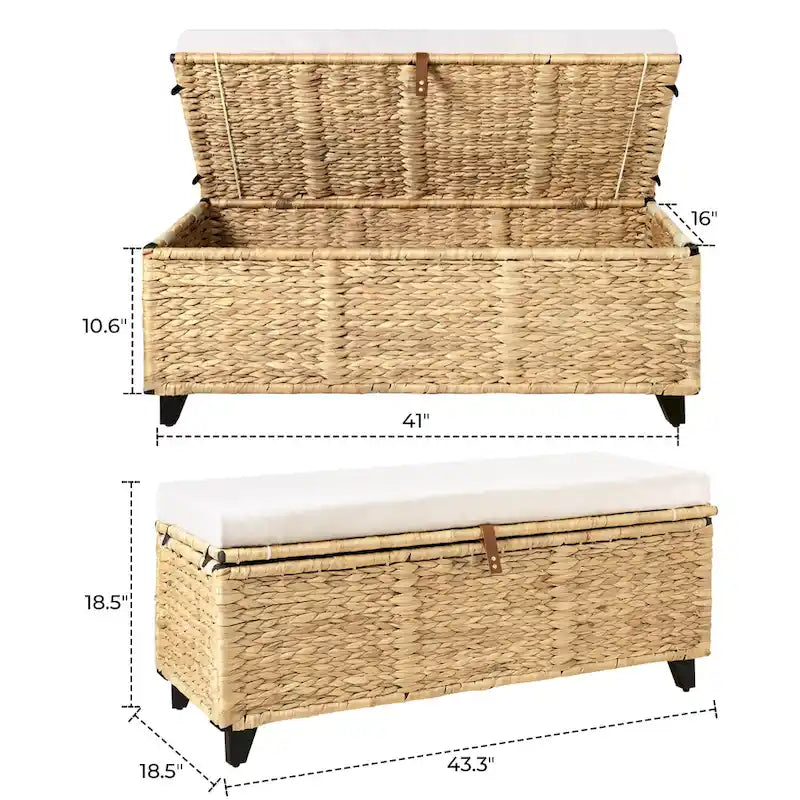 Wicker Storage Bench with Cushion for Bedroom, Living Room, Porch - 18.5 H X 43.3 W X 18.5 D
