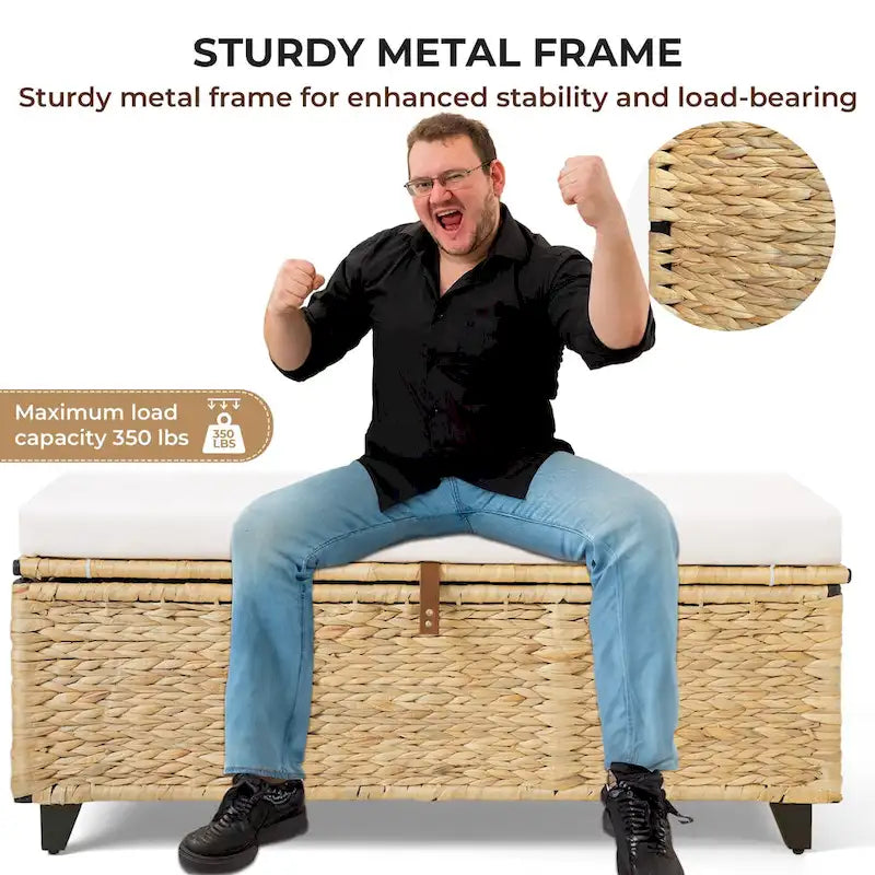 Wicker Storage Bench with Cushion for Bedroom, Living Room, Porch - 18.5 H X 43.3 W X 18.5 D