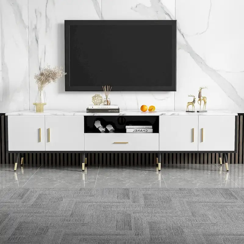 Modern TV Stand with 2 Cabinets& Open Compartments, Television Console for Living Room, Bedroom