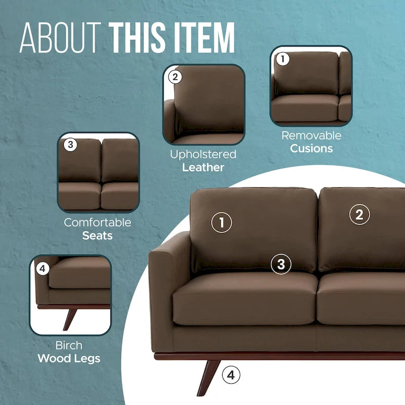 Chester Modern Leather Loveseat 2 Seater Sofa Couch With Birch Wood Base for Living Room Bedroom Garden Lounge - 58.27