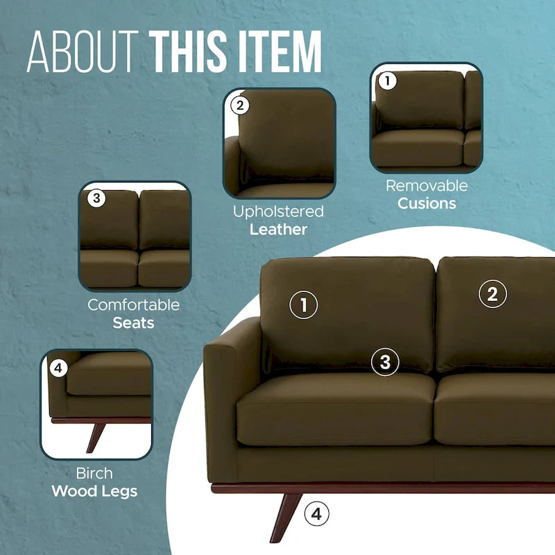Chester Modern Leather Loveseat 2 Seater Sofa Couch With Birch Wood Base for Living Room Bedroom Garden Lounge - 58.27