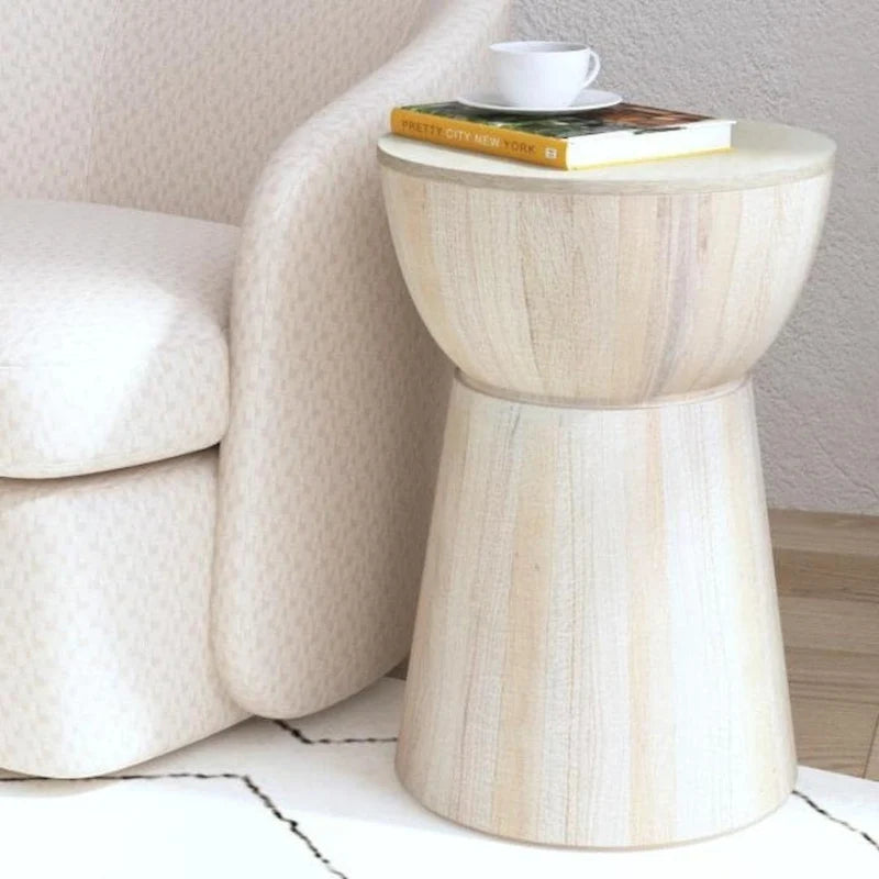 Sculpted Wood Drum Accent Table by