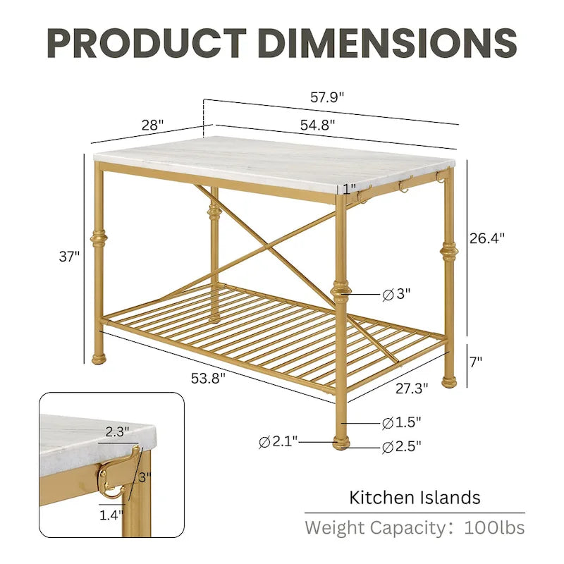 Avya Contemporary White and Gold 58-inch Wide Marble Top Kitchen Island by