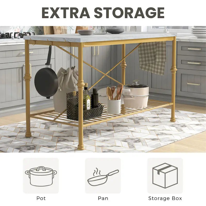 Avya Contemporary White and Gold 58-inch Wide Marble Top Kitchen Island by