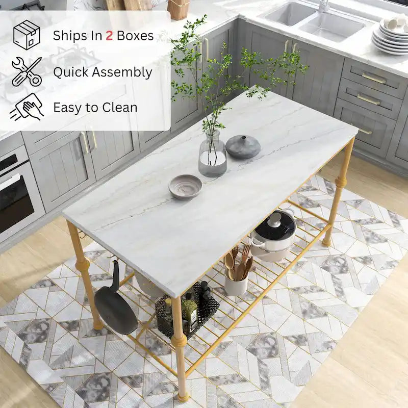Avya Contemporary White and Gold 58-inch Wide Marble Top Kitchen Island by