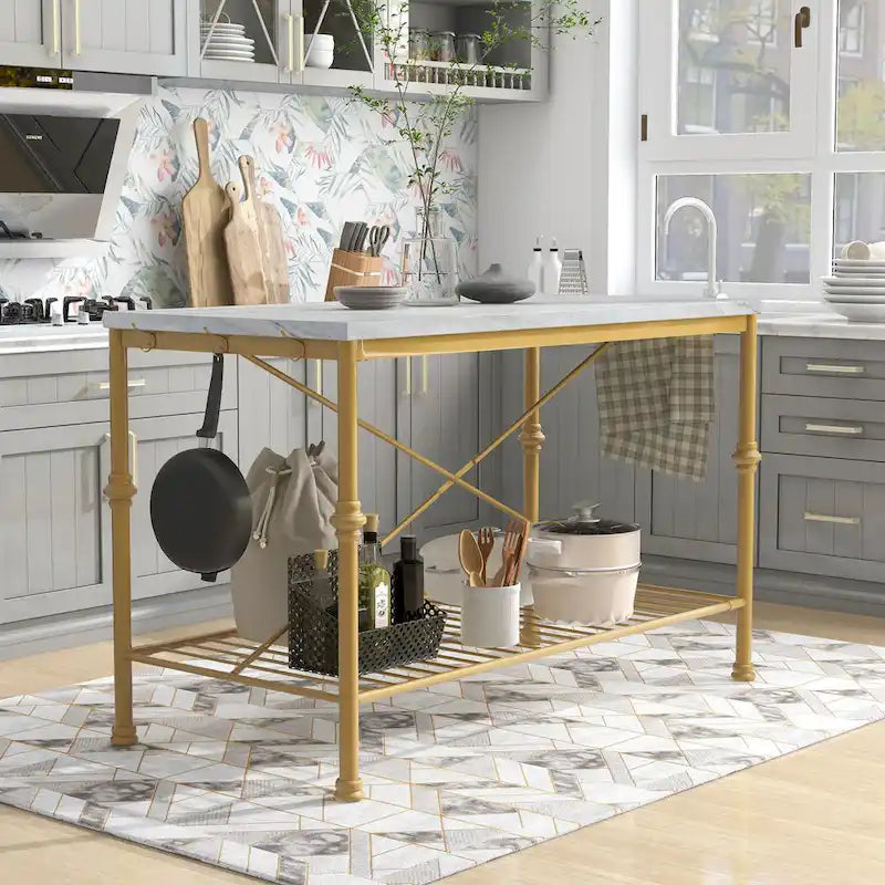 Avya Contemporary White and Gold 58-inch Wide Marble Top Kitchen Island by
