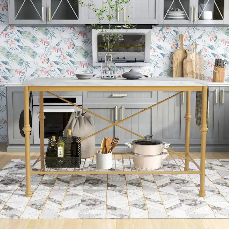 Avya Contemporary White and Gold 58-inch Wide Marble Top Kitchen Island by