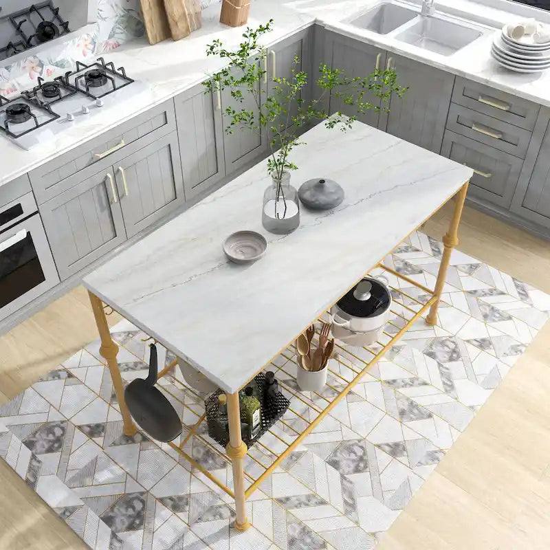 Avya Contemporary White and Gold 58-inch Wide Marble Top Kitchen Island by