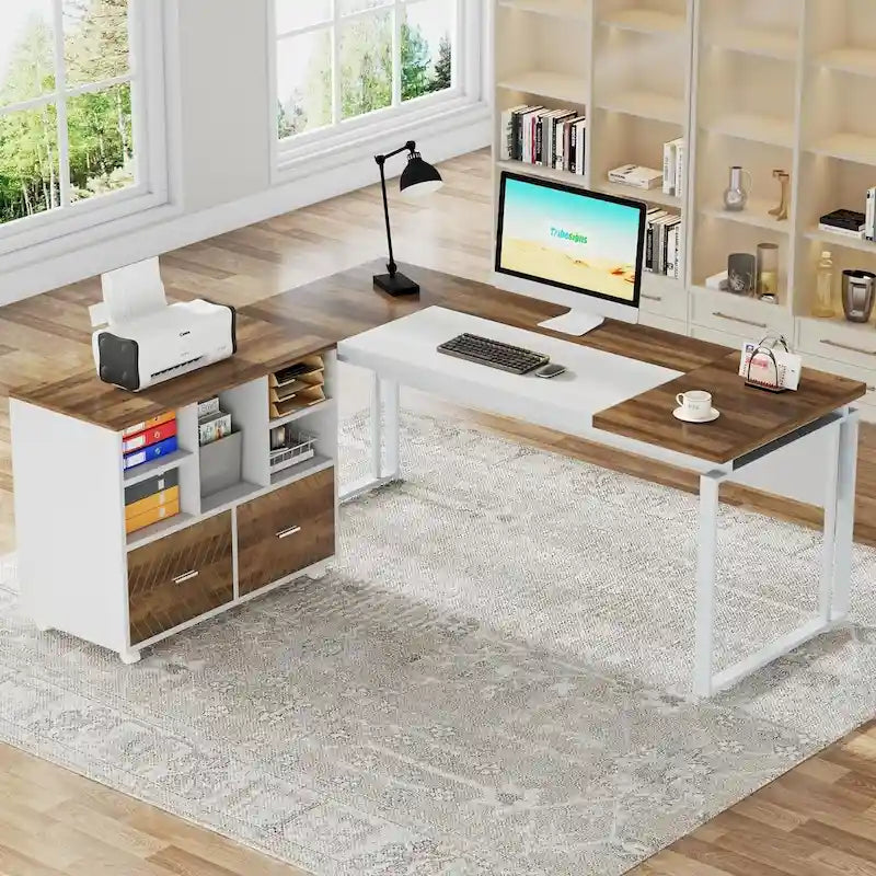 L-Shaped Executive Desk with File Cabinet