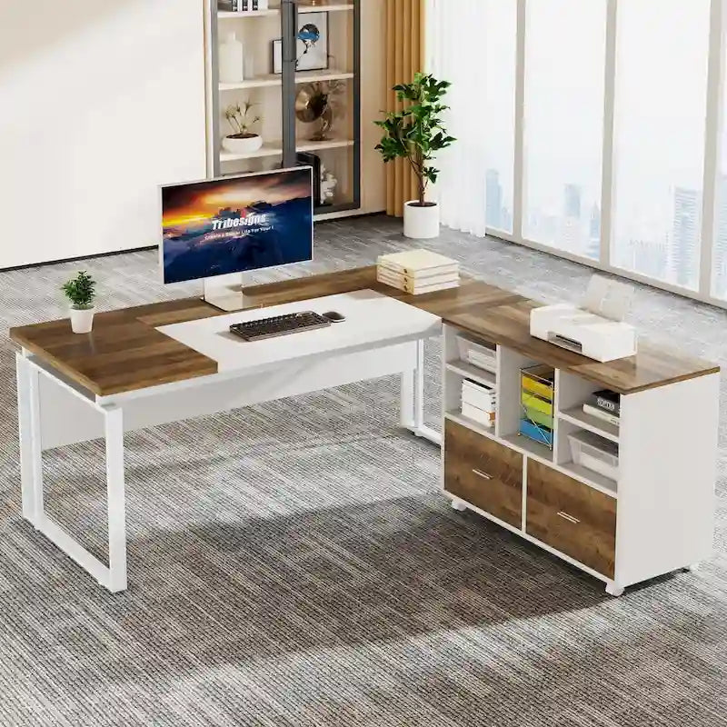 L-Shaped Executive Desk with File Cabinet