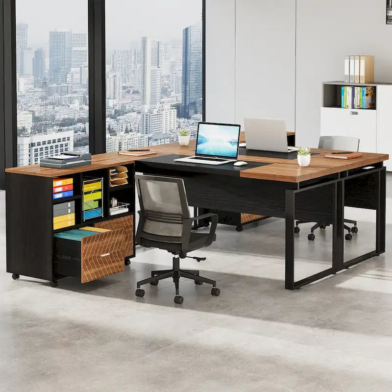 L-Shaped Executive Desk with File Cabinet