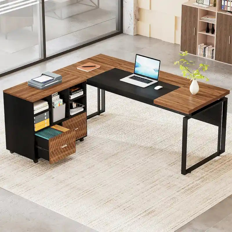L-Shaped Executive Desk with File Cabinet