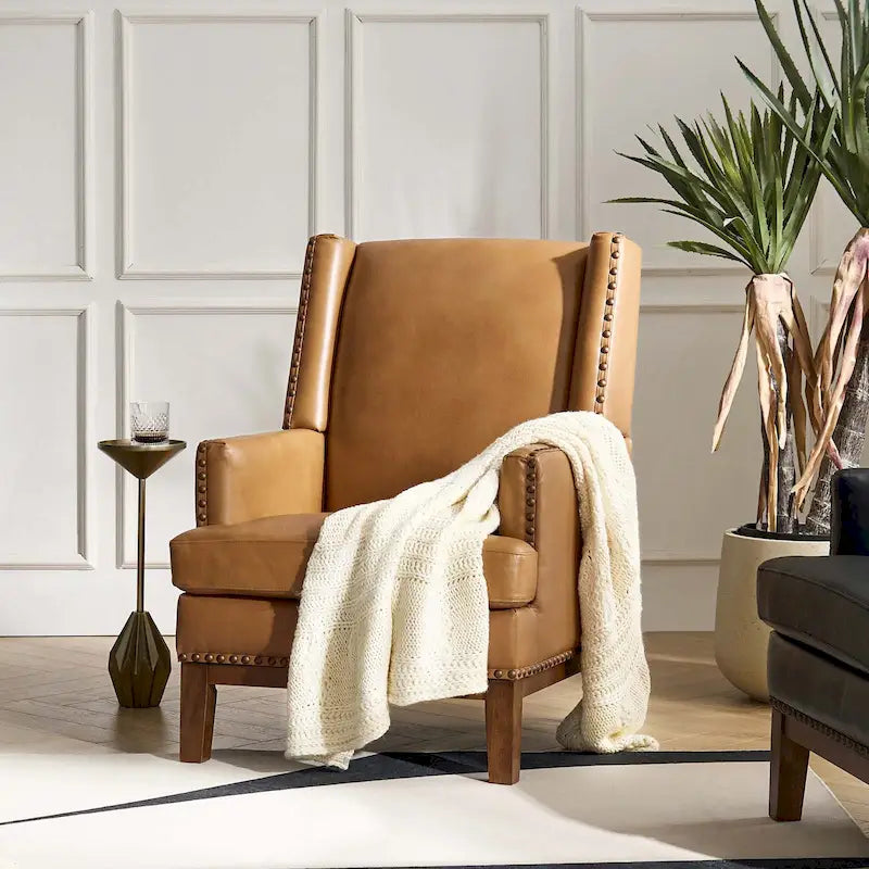 Lourdes Genuine Leather Armchair with Solid Wood Frame and Removable Seat Cushion by