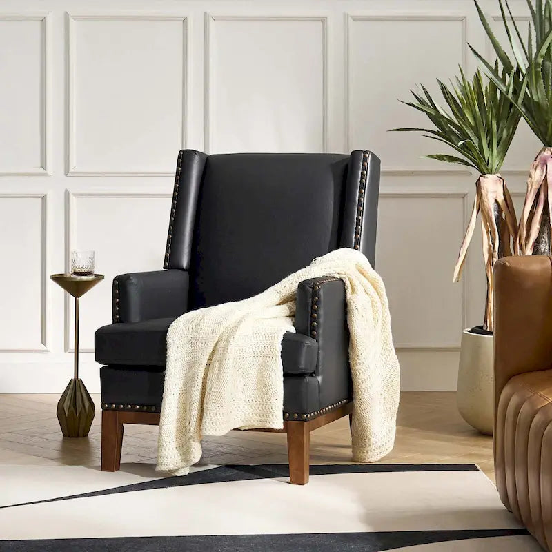Lourdes Genuine Leather Armchair with Solid Wood Frame and Removable Seat Cushion by