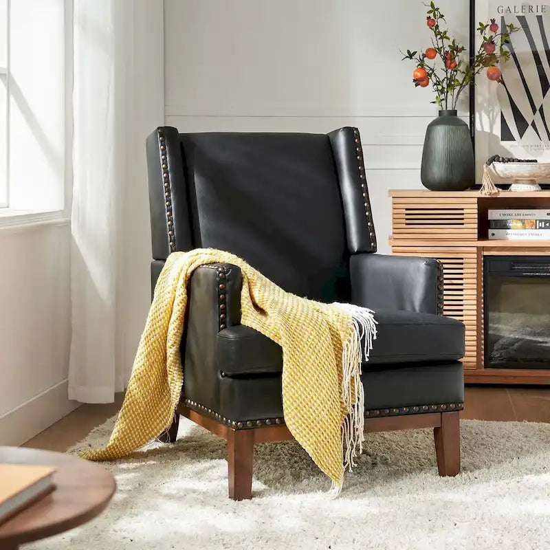 Lourdes Genuine Leather Armchair with Solid Wood Frame and Removable Seat Cushion by 
