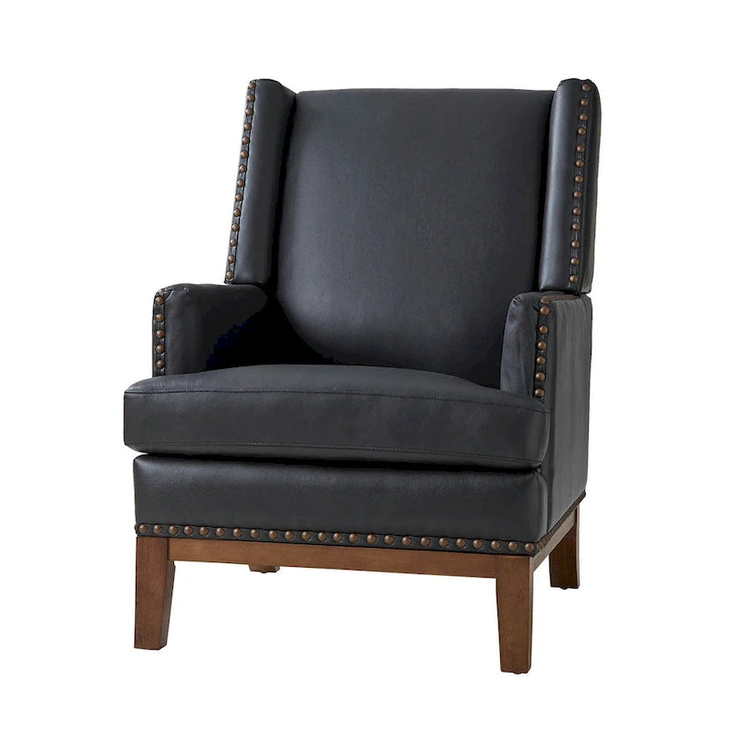 Lourdes Genuine Leather Armchair with Solid Wood Frame and Removable Seat Cushion by