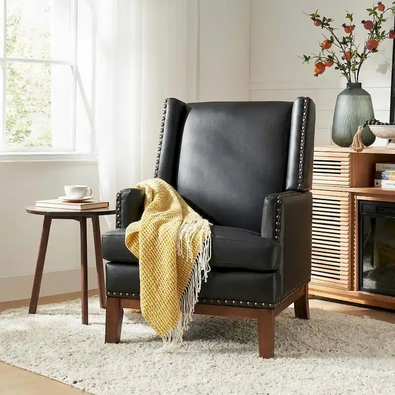 Lourdes Genuine Leather Armchair with Solid Wood Frame and Removable Seat Cushion by