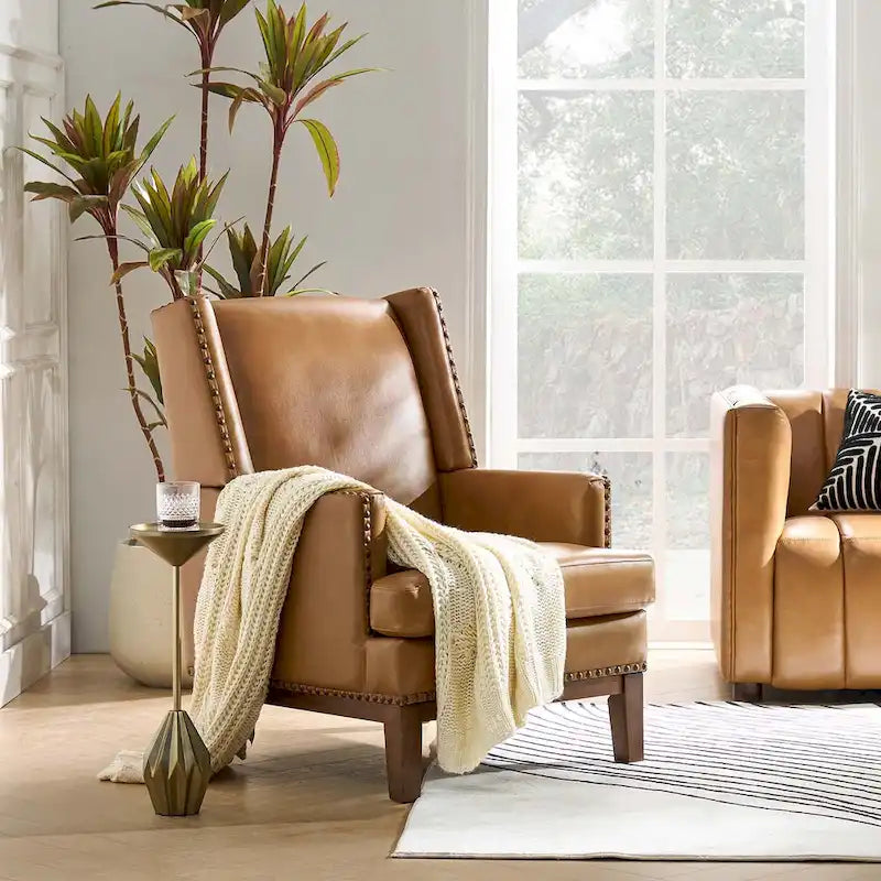 Lourdes Genuine Leather Armchair with Solid Wood Frame and Removable Seat Cushion by