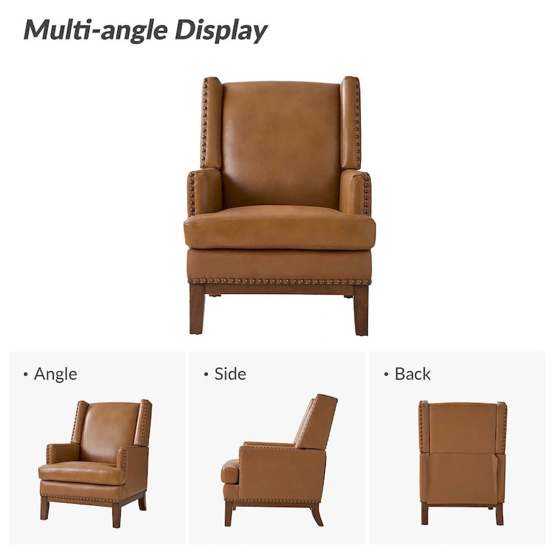 Lourdes Genuine Leather Armchair with Solid Wood Frame and Removable Seat Cushion by