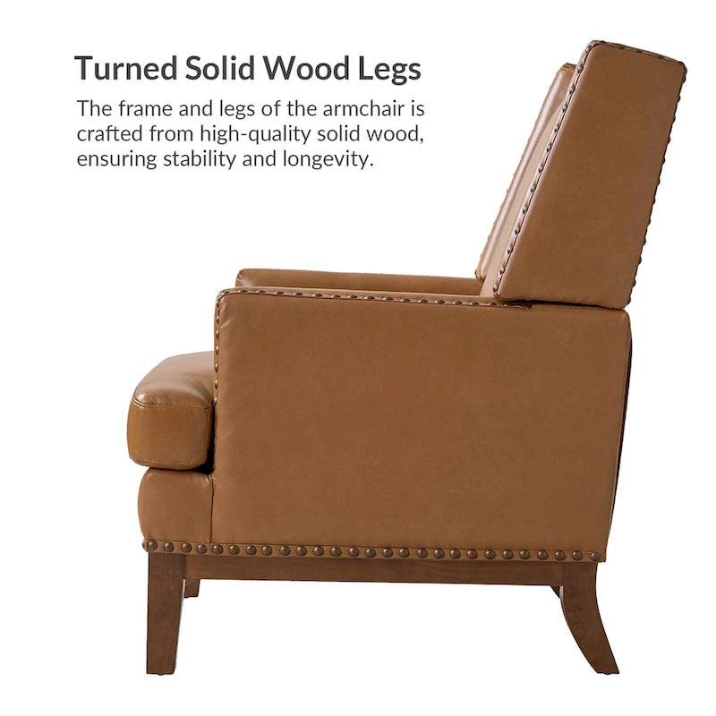 Lourdes Genuine Leather Armchair with Solid Wood Frame and Removable Seat Cushion by