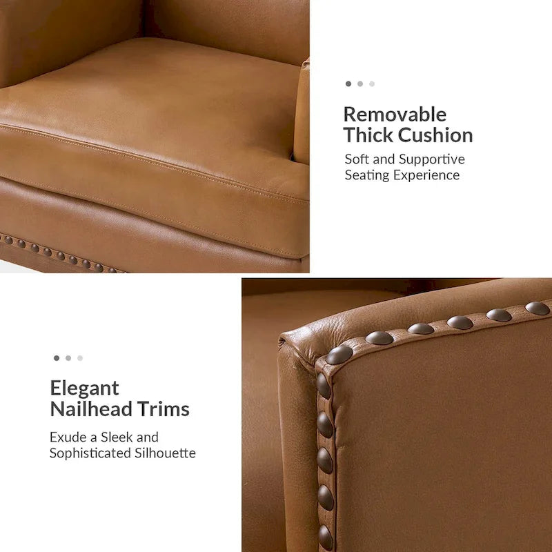 Lourdes Genuine Leather Armchair with Solid Wood Frame and Removable Seat Cushion by