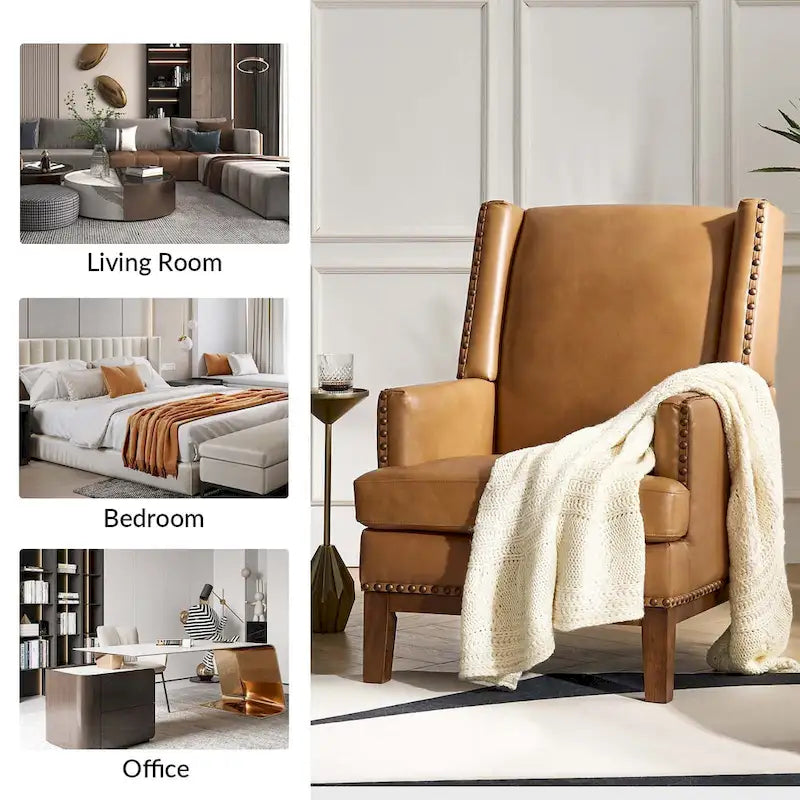 Lourdes Genuine Leather Armchair with Solid Wood Frame and Removable Seat Cushion by