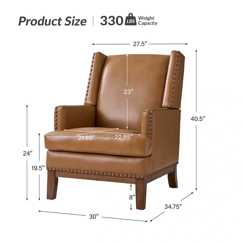 Lourdes Genuine Leather Armchair with Solid Wood Frame and Removable Seat Cushion by