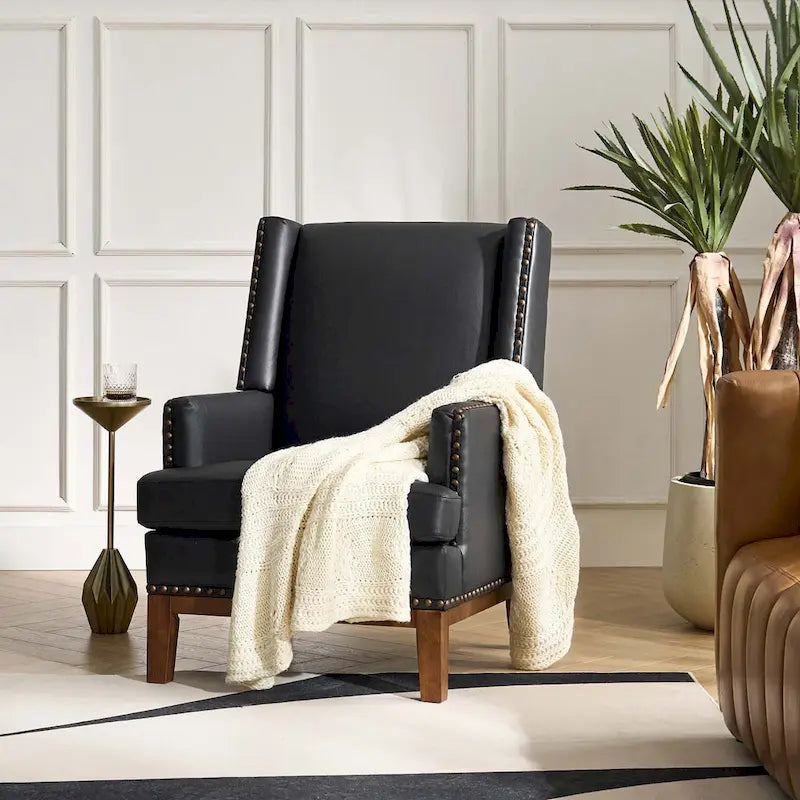 Lourdes Genuine Leather Armchair with Solid Wood Frame and Removable Seat Cushion by