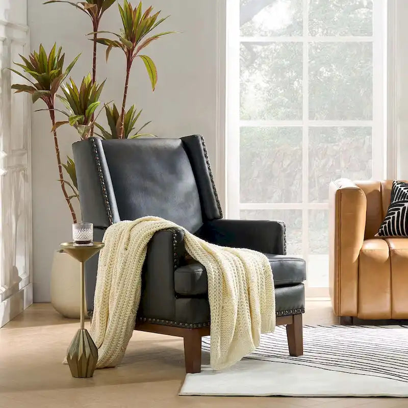 Lourdes Genuine Leather Armchair with Solid Wood Frame and Removable Seat Cushion by