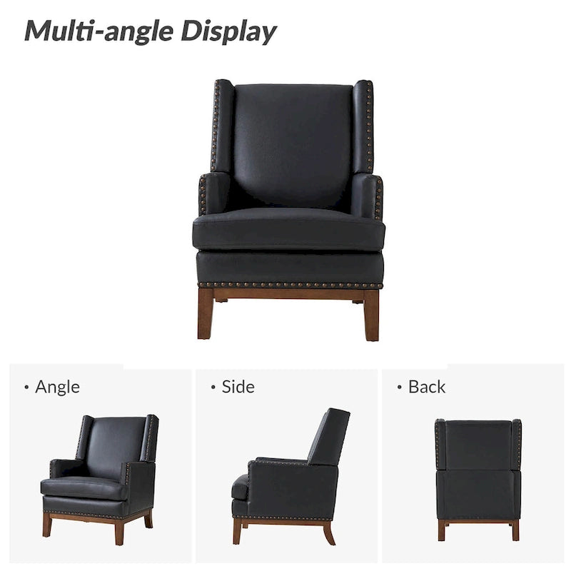 Lourdes Genuine Leather Armchair with Solid Wood Frame and Removable Seat Cushion by