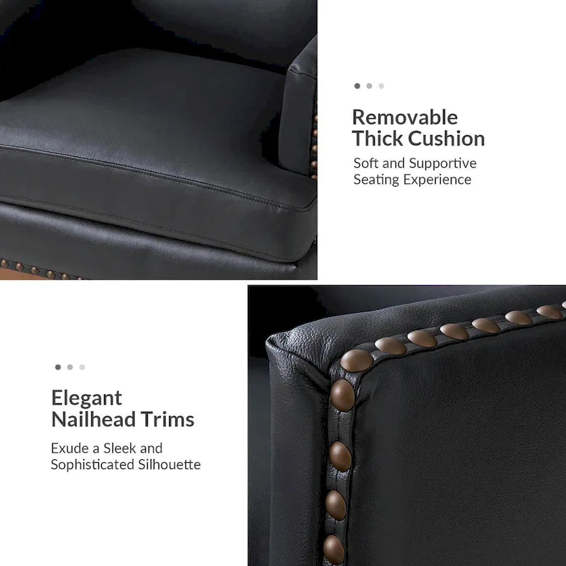 Lourdes Genuine Leather Armchair with Solid Wood Frame and Removable Seat Cushion by